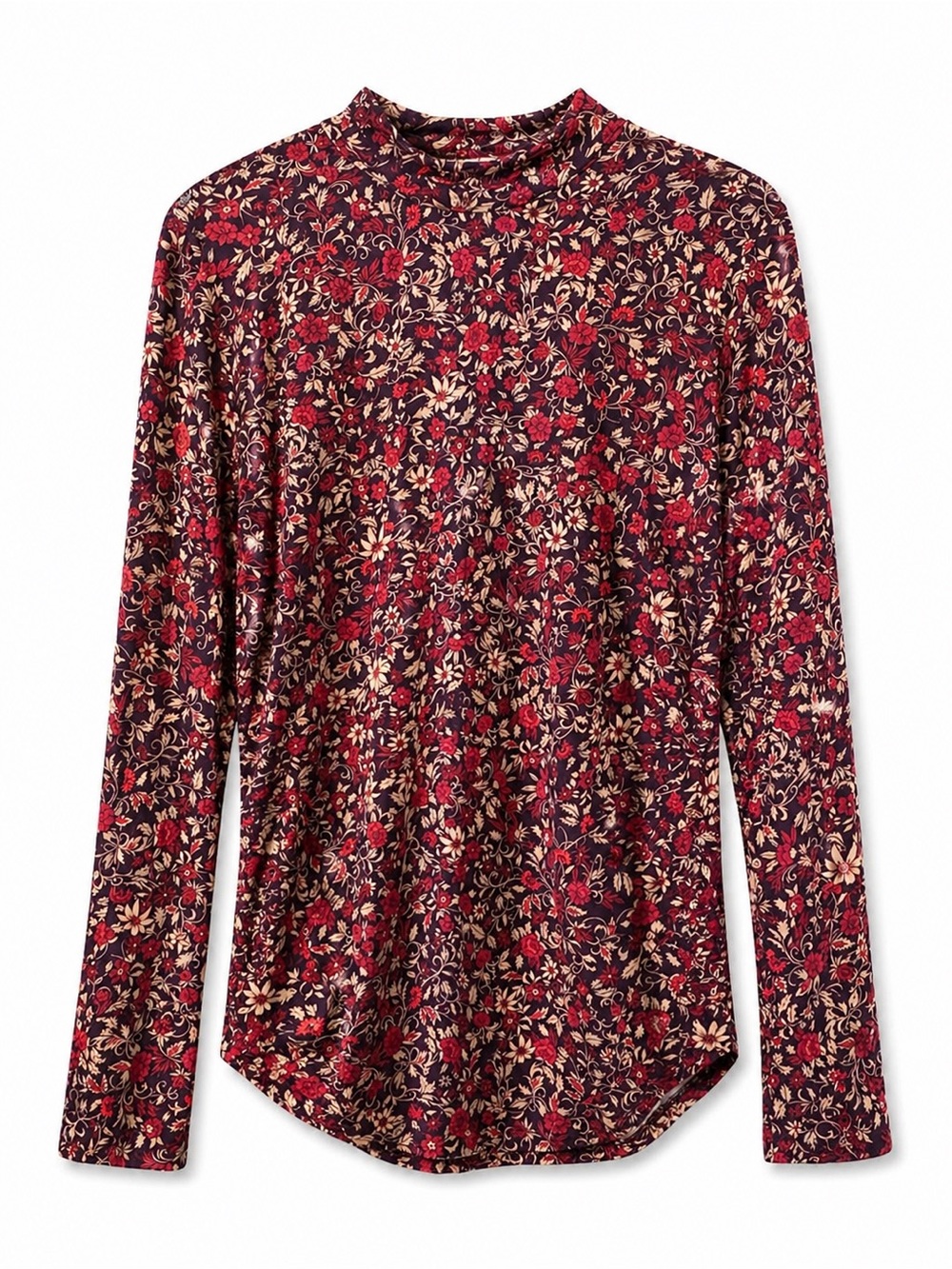 FARM Rio Burgundy and Cream Floral Mock-Neck Long Sleeve Top Women’s XL